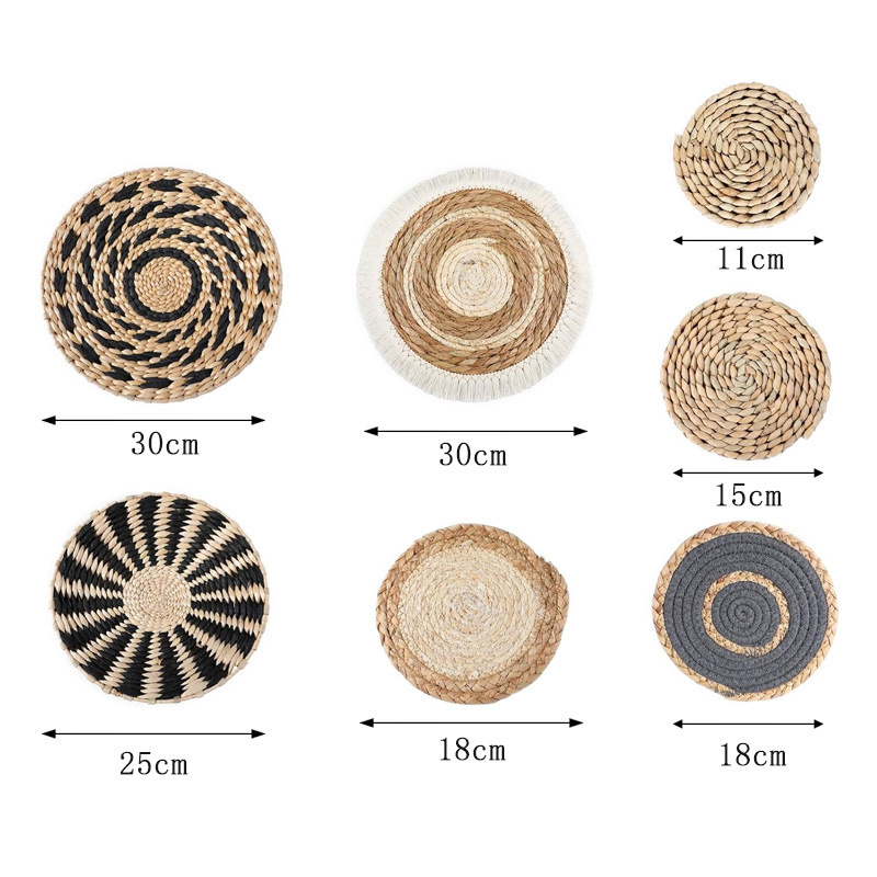 Juego de cesta de pared bohemia, decoración de paja tejida a mano para entrada, sala de estar y B&B, adornos colgantes