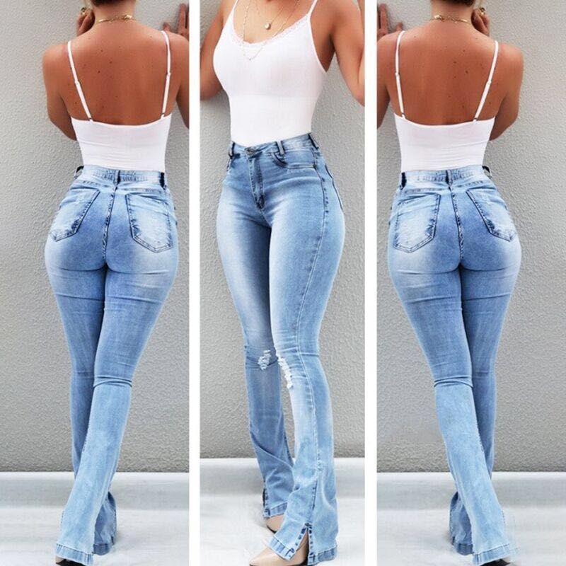 Cross-Border European and American 2026 Spring New Amazon Fashion Elastic Slit Flared High-Waisted Women's Jeans Long Pants