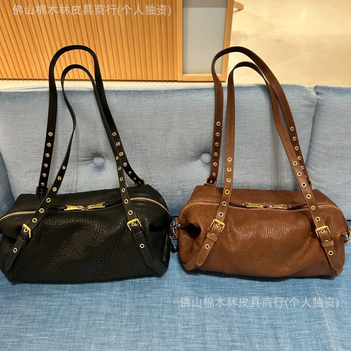原厂皮新品MM植鞣泡泡羊皮机车包慵懒随性铆钉牛角包小众单肩腋下
