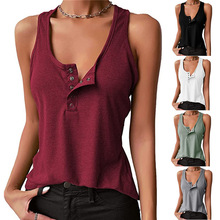 歐美新款女裝跨境新款亞馬遜EbayWISH純色按扣無袖工字背心T恤女