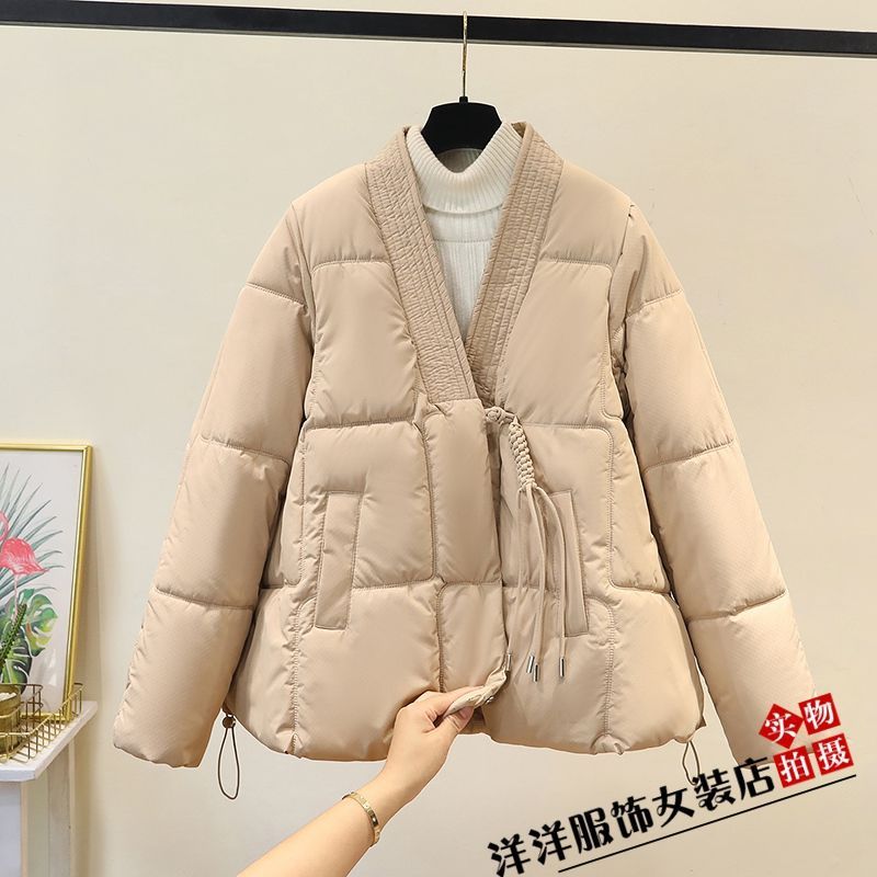 2025冬新中式国风V领设计感减龄棉袄大码宽松网红棉服羽绒棉衣女|undefined