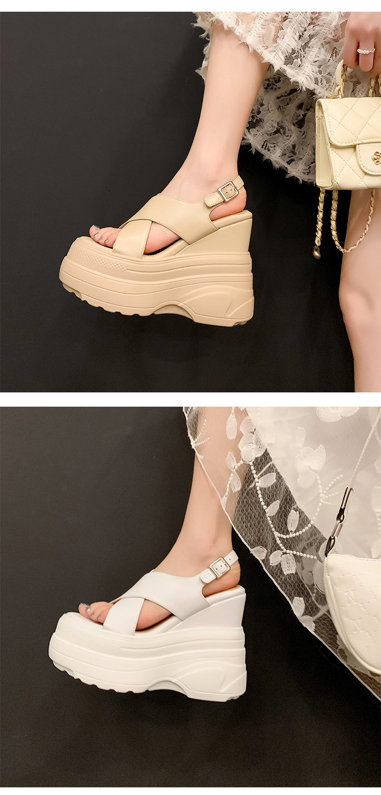 Sandal da bò hở mũi gót xuồng 14cm tăng chiều cao phong cách La Mã — Màu trắng, Màu mơ chi tiết 13