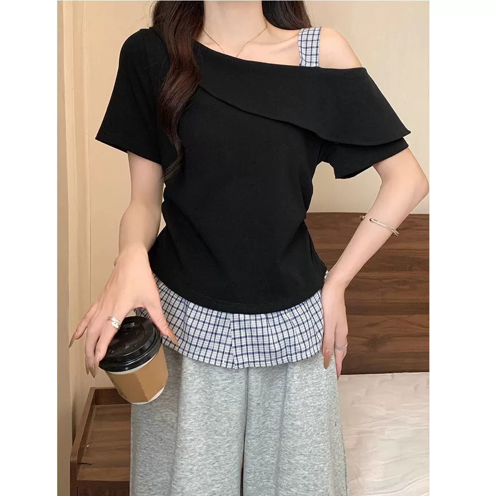 Летняя женская футболка из двух частей с наклонными плечами и короткими рукавами, новый топ для похудения для полных девушек, чистый топ для скрытия мяса