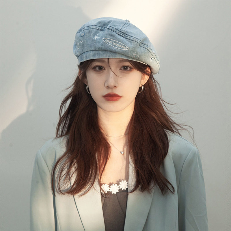 Boina de vaquero con bordado de letras mujeres verano y otoño estrellas calabaza gorra pintor gorra grande cara gorra pequeña