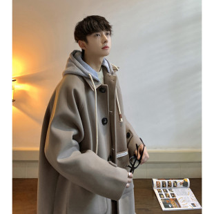 Mid-length Woolen Coat Men's Autumn and Winter Over-the-knee Trendy Brand High-end Sense Trenchcoat Winter Thickened Hooded Woolen Coat