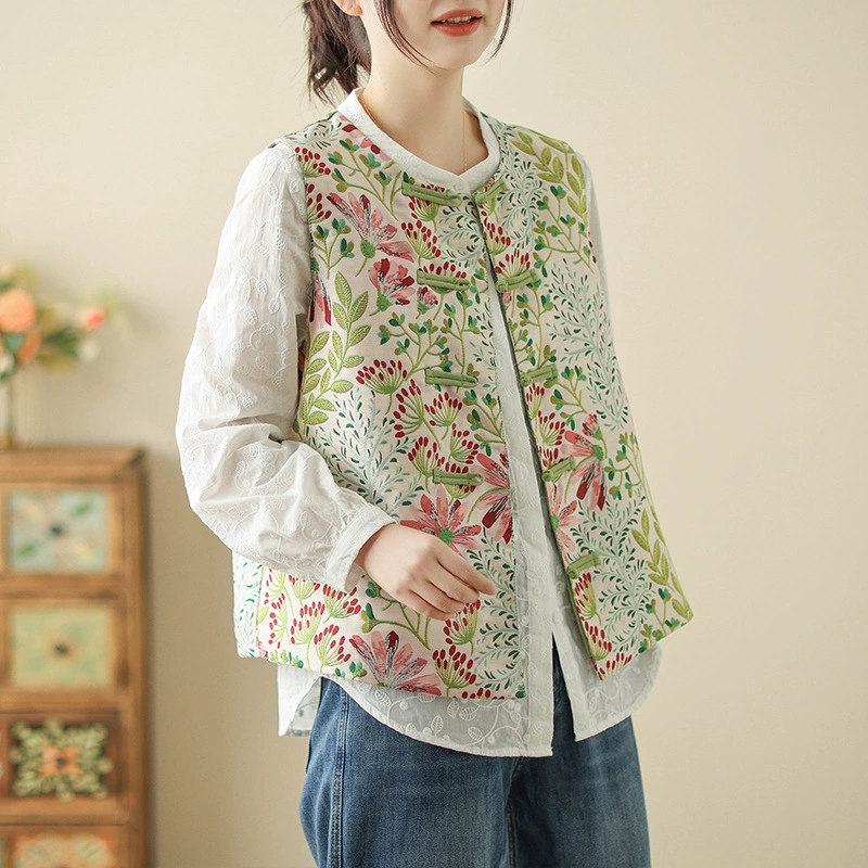 2025 Весенняя вышивка рыхлый китайский стиль жаккардовый цветочный жилет