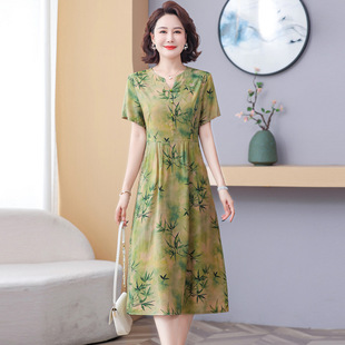 Chinese Style Mother's Dress Summer New Improved Cheongsam Casual Printed Middle-Aged and Elderly Women's Dress