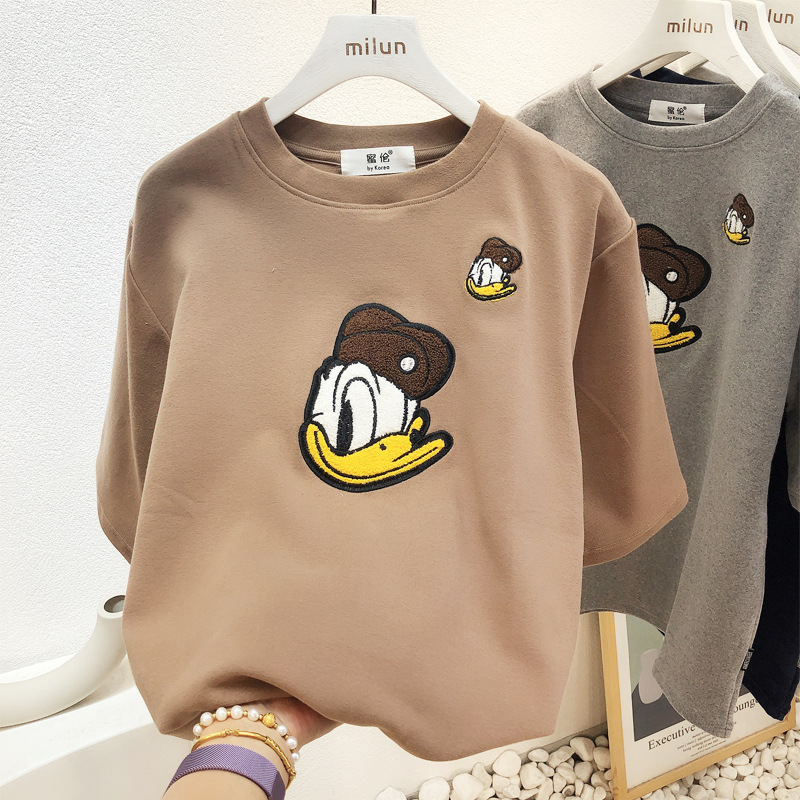 Donald Duck Embroidered T-shirt Women's 2025 New Summer Cotton Short-sleeved Niche Design Sense Loose Half-sleeved Top