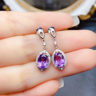 New natural amethyst earrings S925 silver inlaid stone 6*8mm Joker net red explosions wholesale women's ornaments