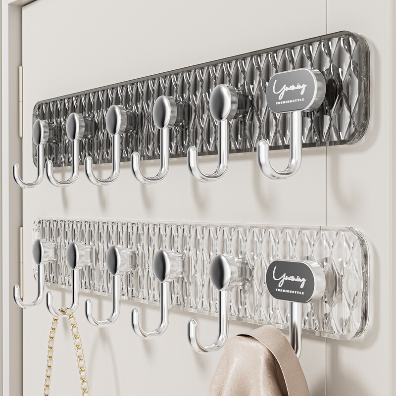 Strong Adhesive Hooks for Heavy-Duty Use, Door Hooks, Kitchen and Bathroom Wall Hooks, Traceless Wall Hooks, Backpack Hanging Rack with 6 Hooks, Silver