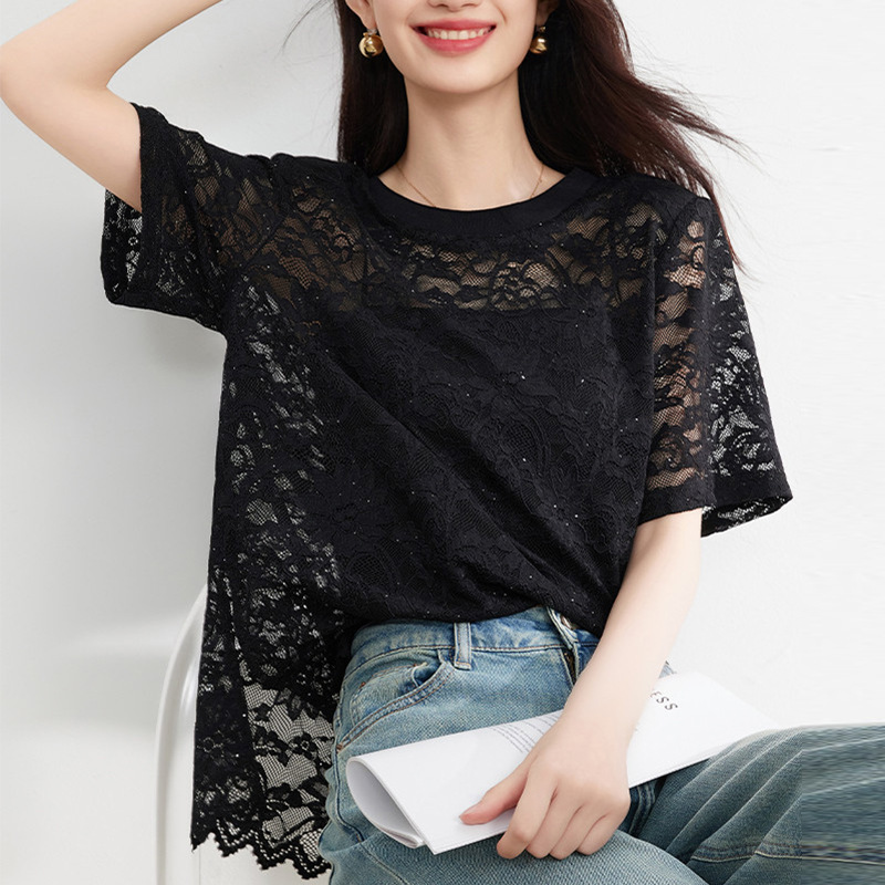 Summer fashionable design lace T-shirt with a round collar