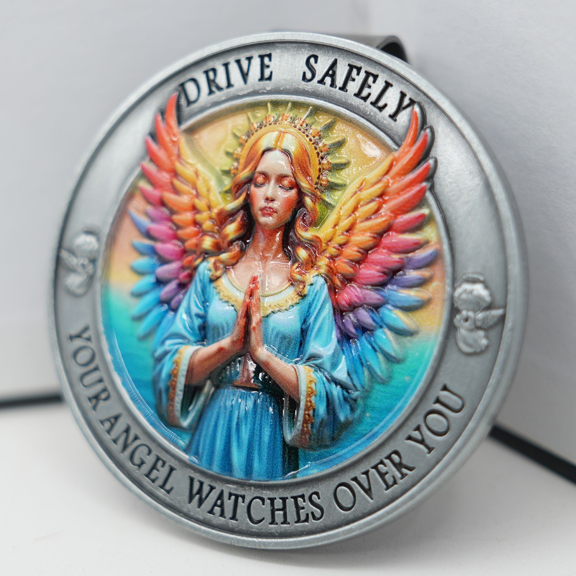 Jz34 Metal Car Sun Visor Clip, Guardian Angel Religious Pattern Car Ticket Holder, Creative Car Accessory