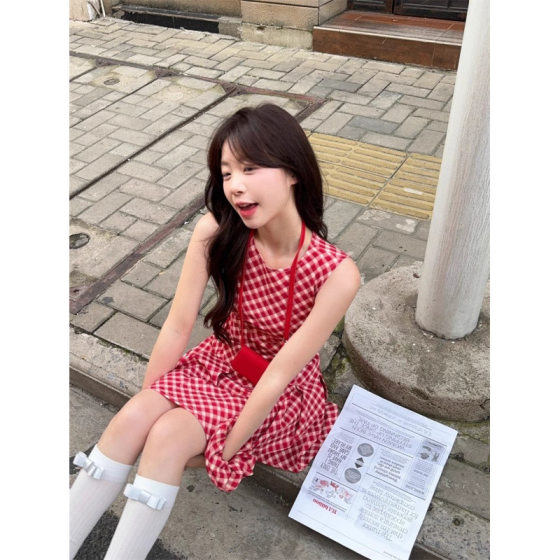 I Sweet Spice Girl Style Pattern Sleeveless Vest dress Women's Summer New French Retro Pleated A- line Skirt Short Skirt