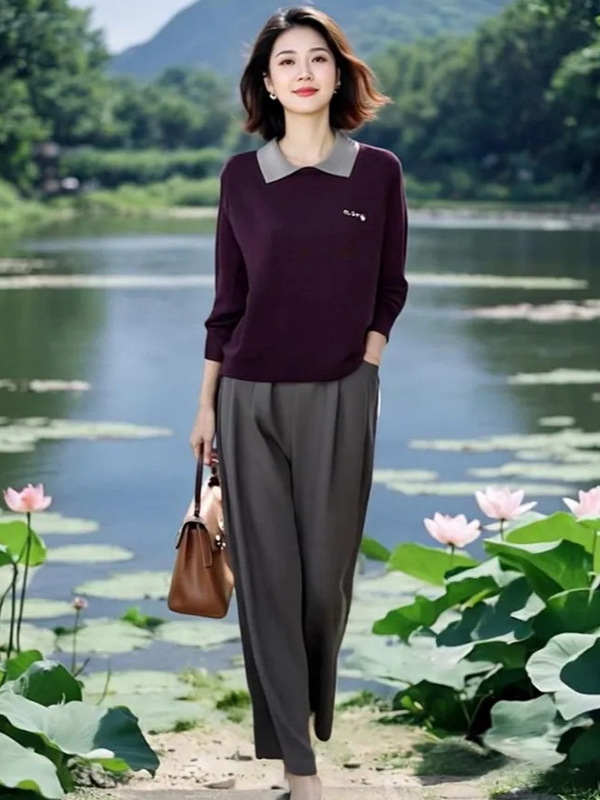 时尚洋气polo领针织衫高腰显瘦休闲裤两件套女装早秋冬2025新款|undefined