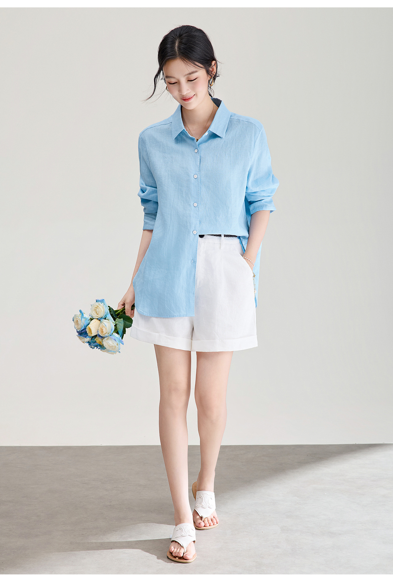 Áo sơ mi nữ linen chất lượng cao, phong cách cổ điển thư giãn, dáng rộng mùa hè — Đỏ Vermilion chi tiết 30