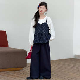 女童2026春秋季波点吊带长袖阔腿裤三件套韩版洋气小女孩休闲套装