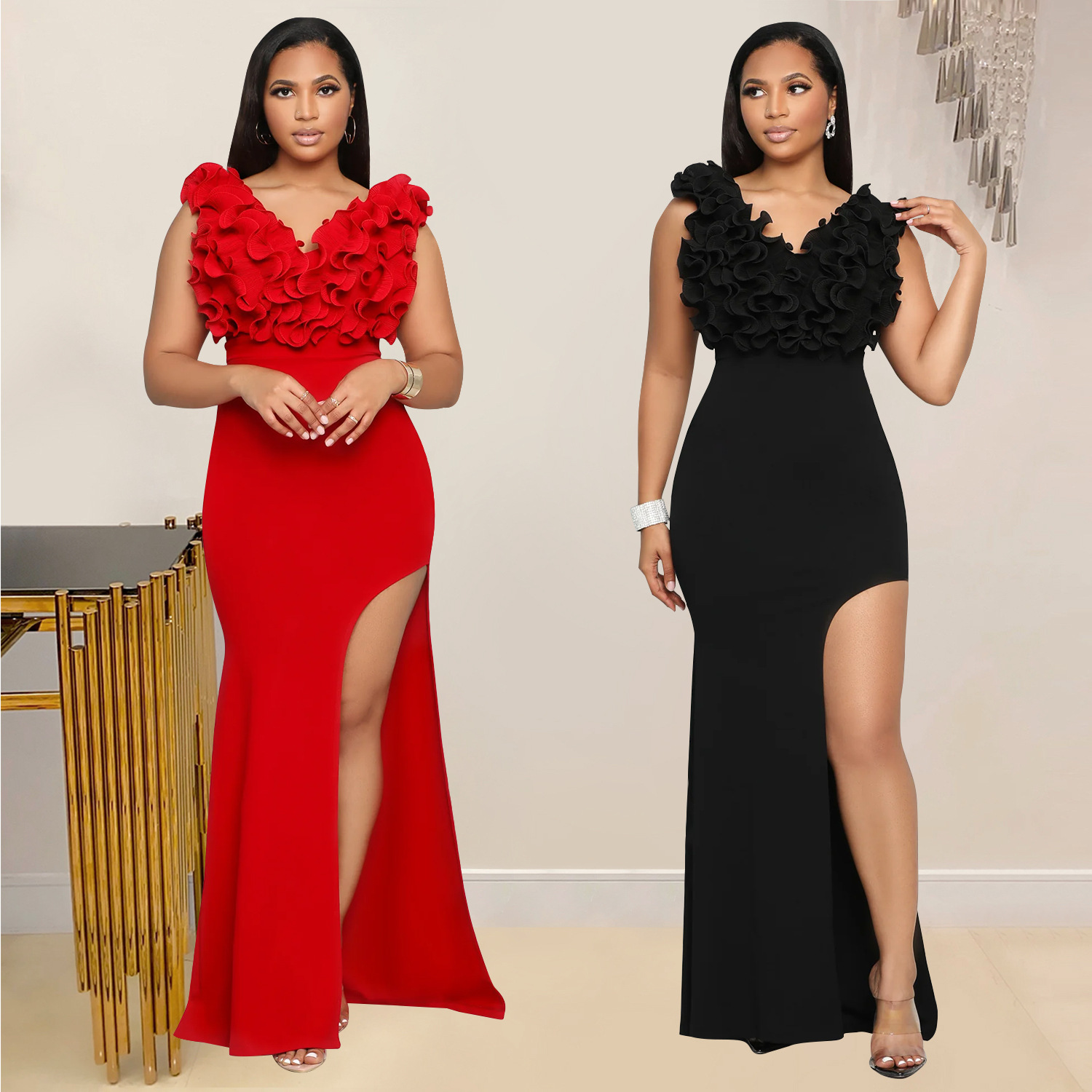 C7013 Aliexpress transfronterizo Amazon estación independiente de moda europea y americana ropa de mujer de cuello en V sin mangas vestido largo de bifurcación image 1