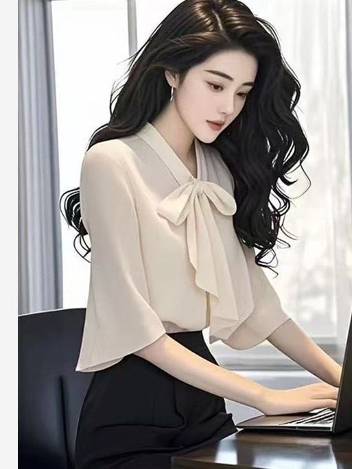 2025夏季新款时尚女装气质显瘦衬衫女蝴蝶结微喇袖雪纺小衫上衣潮|undefined