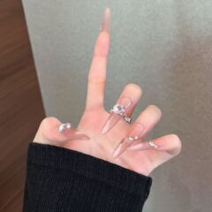 长款细狗粉色猫眼穿戴甲高品质纯手工美甲甲片成品可拆卸指甲贴片