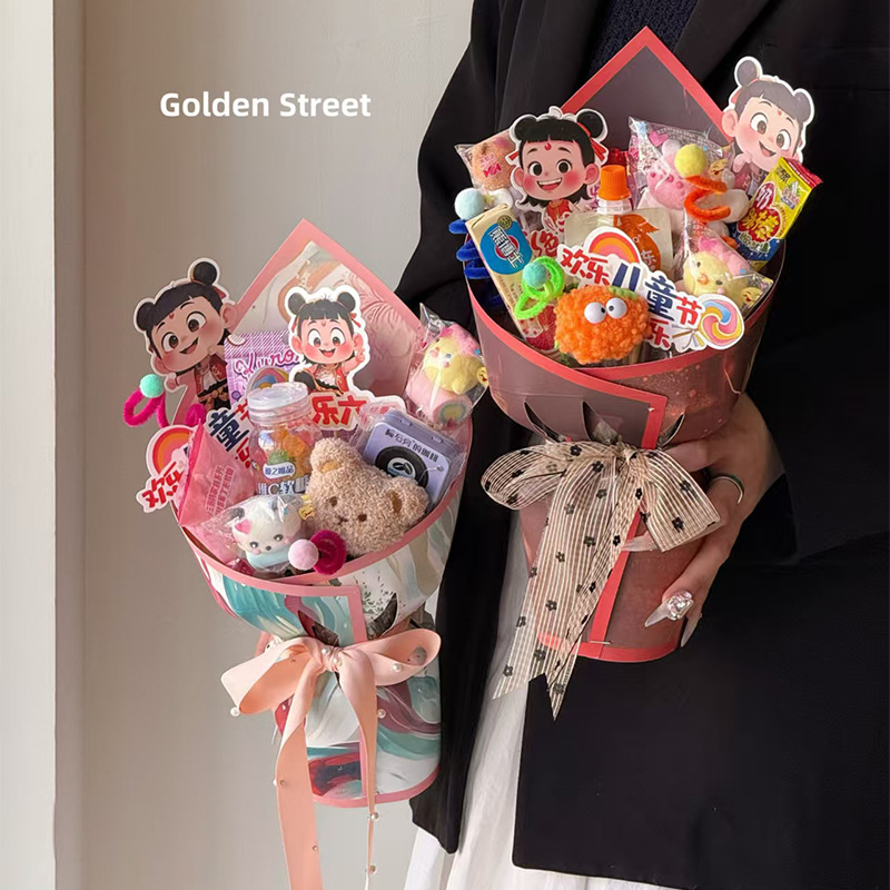 Snacks de celebridades de Internet, ramos de flores, película estereotipada, Día del niño, paquete de película de modelado integrado de dibujos animados de Nezha, artefacto de flores al por mayor