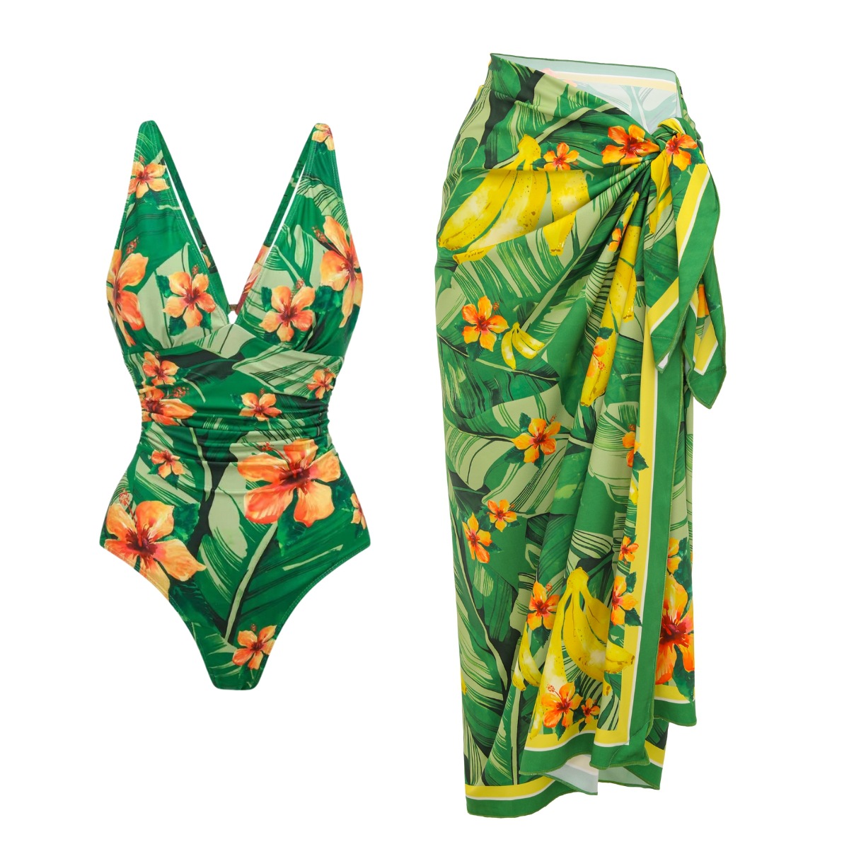 One-Shoulder Ruffle Monokini Swimsuit - Eco-Friendly Quick-Dry Swimwear Set With Sarong (Green Floral/Solid, Sizes S-XL)_ecoleips.com