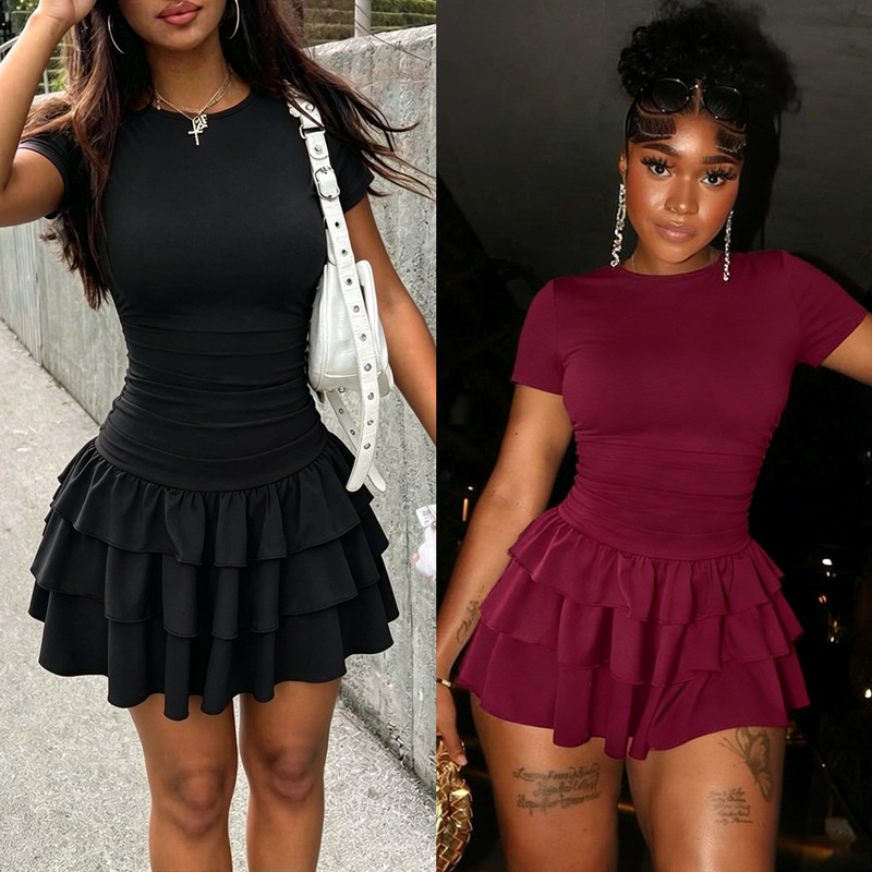 S391486 Cross-Border Summer New Style Hot Girl Dress, Slimming Short-Sleeved Multi-Layered Ruffle Cake Skirt Short Skirt for Women