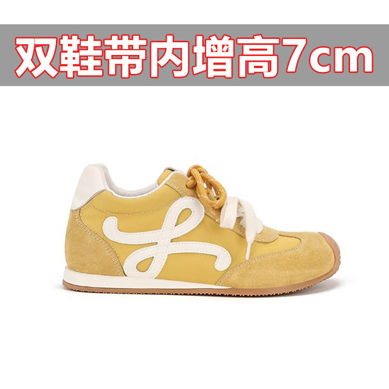 牛皮版~7cm厚底内增高鞋子复古歪头鸳鸯带休闲运动鞋女阿甘德训鞋|undefined