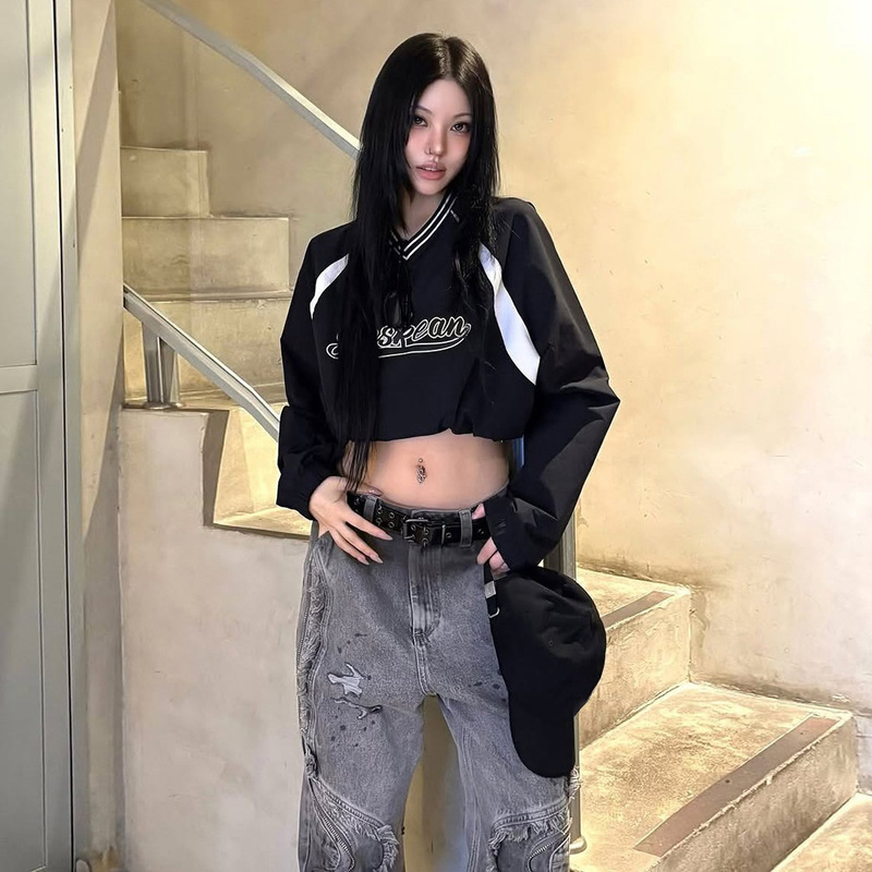 Fashion Trend 2025 Autumn and Winter New Women's Street Fashion Versatile Loose Letter Print Crop Top Long Sleeve Top