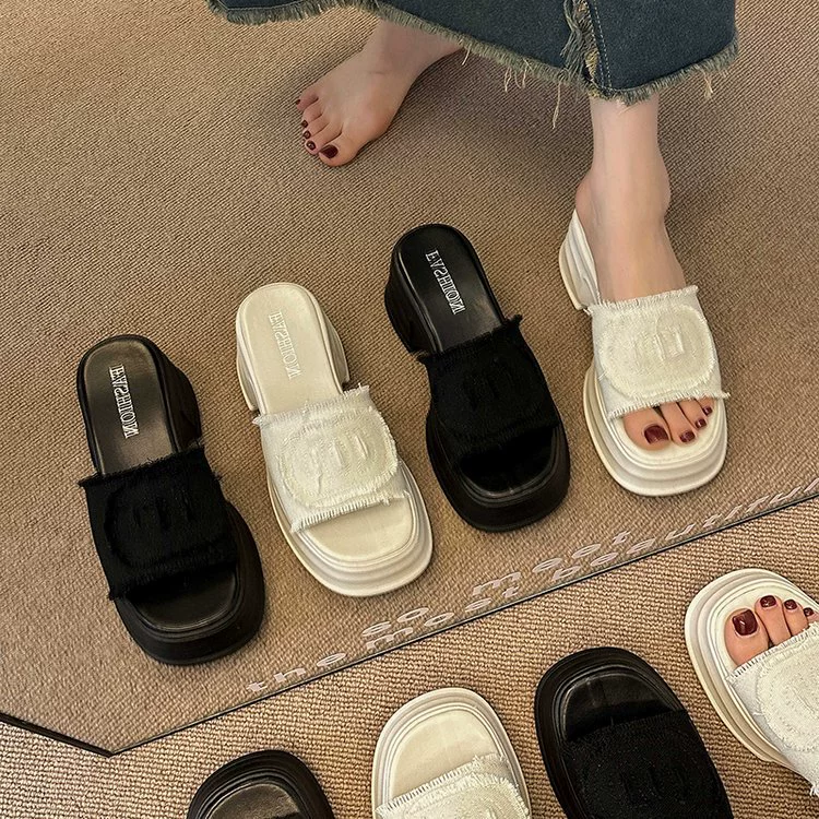 Слайд, летние шлепки, тканевая подошва платформа, стиль Chanel, коллекция 2023, корейский стиль, для подростков