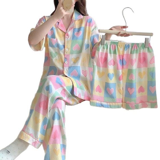 Cross-border Cloud Cotton Pajamas Three-piece Set Women's Summer Short-sleeved Trousers Shorts Spring and Autumn Home Clothes suit Foreign Trade