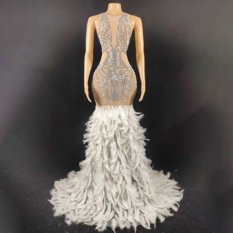 Diamond Long Dress Birthday Costume New Shiny Diamond Noble Wedding Dress White Girl Mermaid Prom Feather Evening