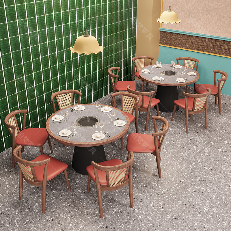 Customizado nuevo estilo chino de cocina Hunan hot pot mesas y sillas combinaciones comerciales de madera maciza tela de caña cartelera sofá fábrica al por mayor