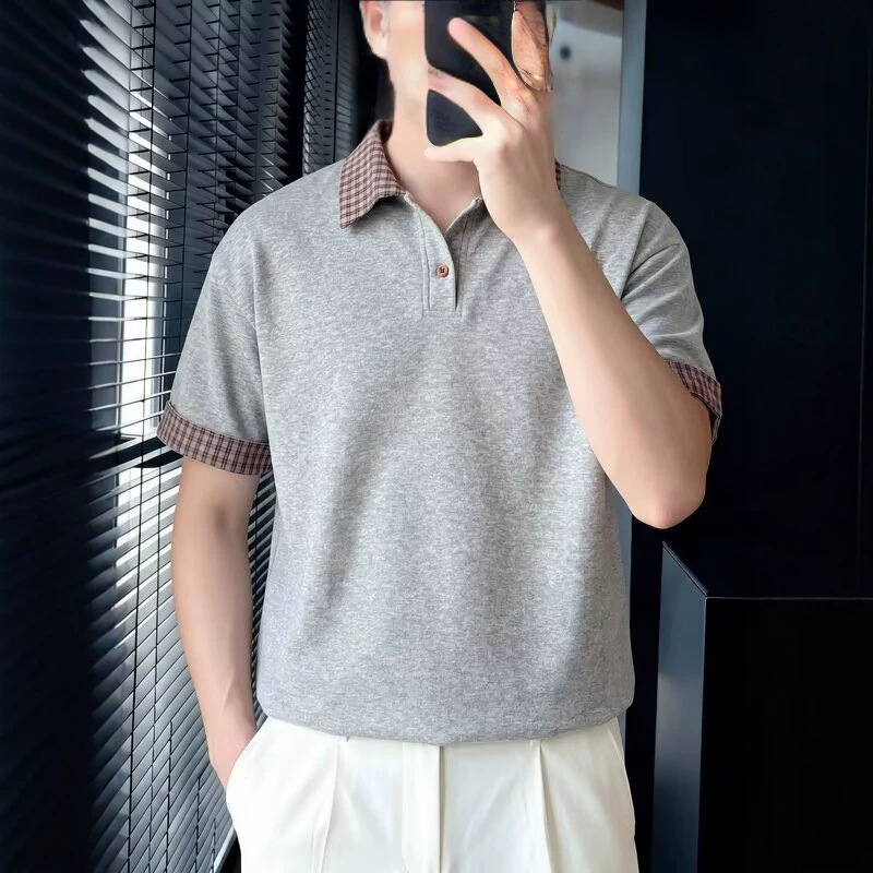 Men's Summer Plaid Patchwork Collared Polo Shirt Short Sleeved American Trendy Brand Versatile Loose Fit T-Shirt for Teenagers_viptrois.com