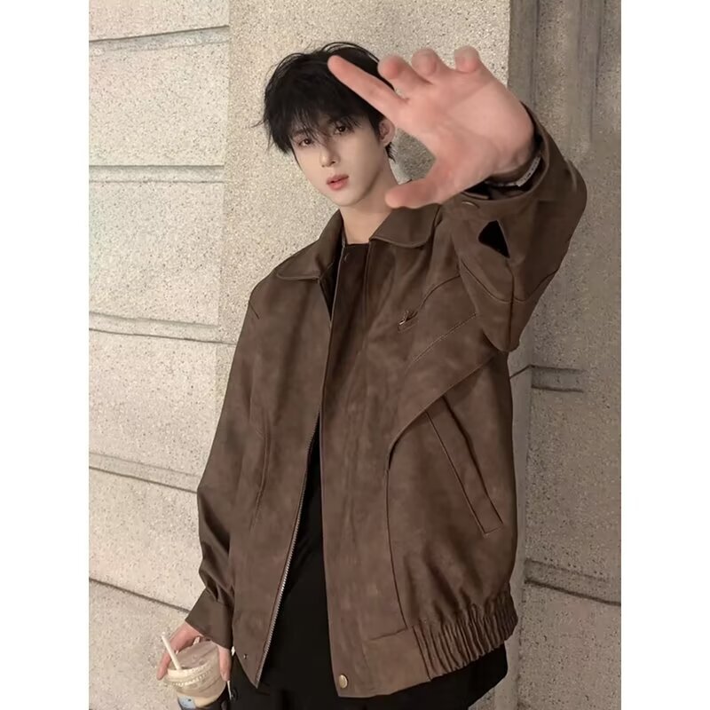 New Style New Style Handsome Leather Jacket Men's American Style Trendy Brand Retro Old Spring and Autumn Design Sense Niche Casual Lapel Jacket