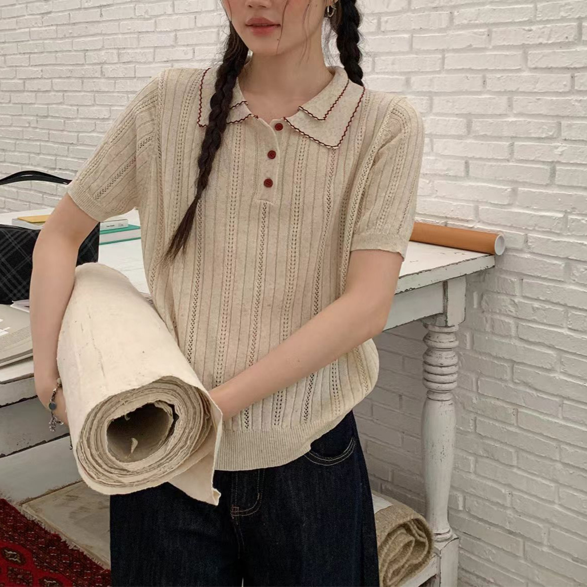 Polo shirt, short-sleeved knit top, women's summer design, thin T-shirt, Korean style, unique and beautiful top.