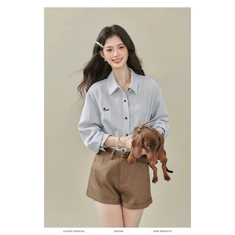 Ouyang Xi's "Elegant Old Money" blue long-sleeved shirt jacket for women, 2026 summer new style, loose fit, POLO collar Ouyang Xi's "Elegant Old Money" blue long-sleeved shirt jacket for women, 2026 summer new style, loose fit, POLO collar