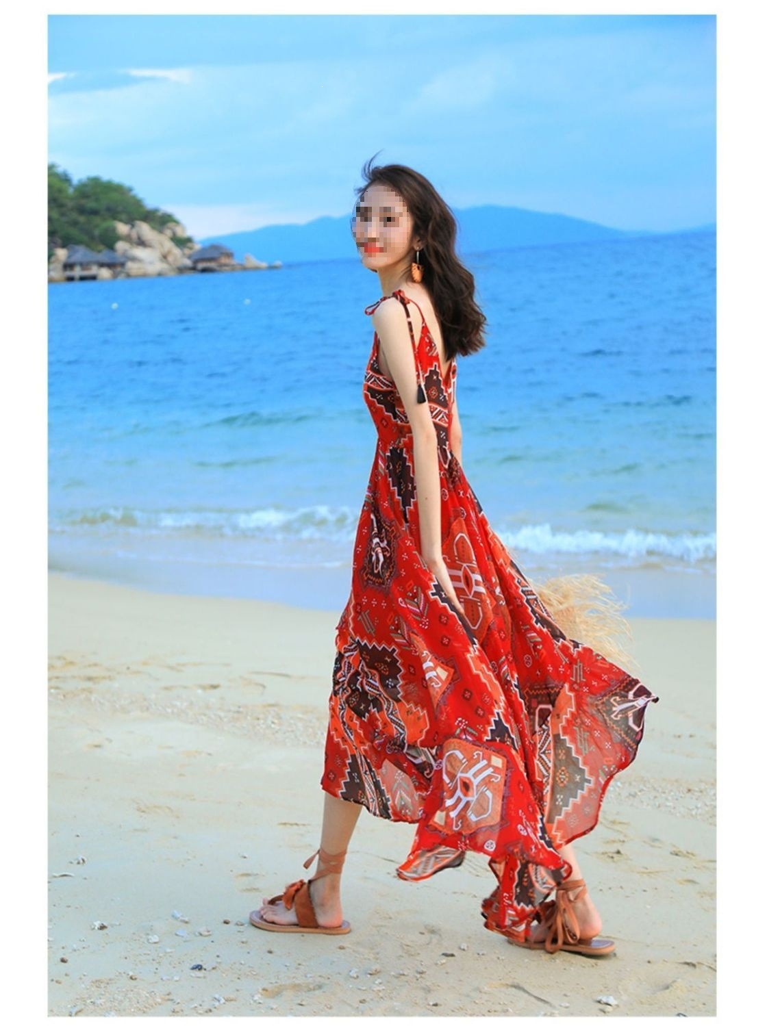 Đầm maxi voan treo nữ phong cách Bohemian dài chấm gót — màu đỏ chi tiết 16