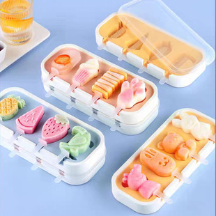 Cross-Border Wholesale New Food-Grade Cartoon Ice Cream Popsicle DIY Ice Mold with Lid, 4-Piece Silicone Ice Cream Mold Tool