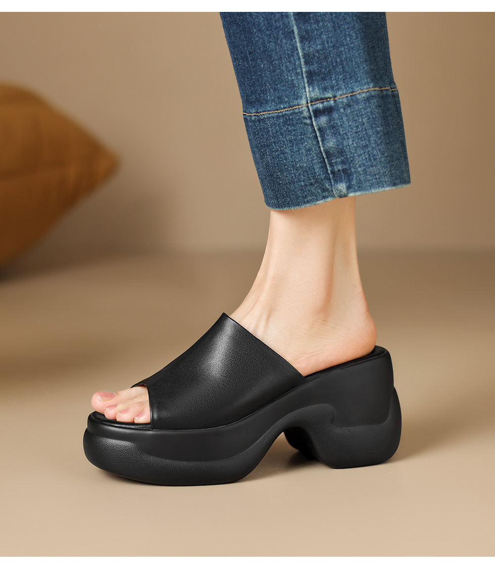 Sandal cao gót nữ đế dày 8,5 cm quai ngang da bò — Da bò trắng gạo chi tiết 5