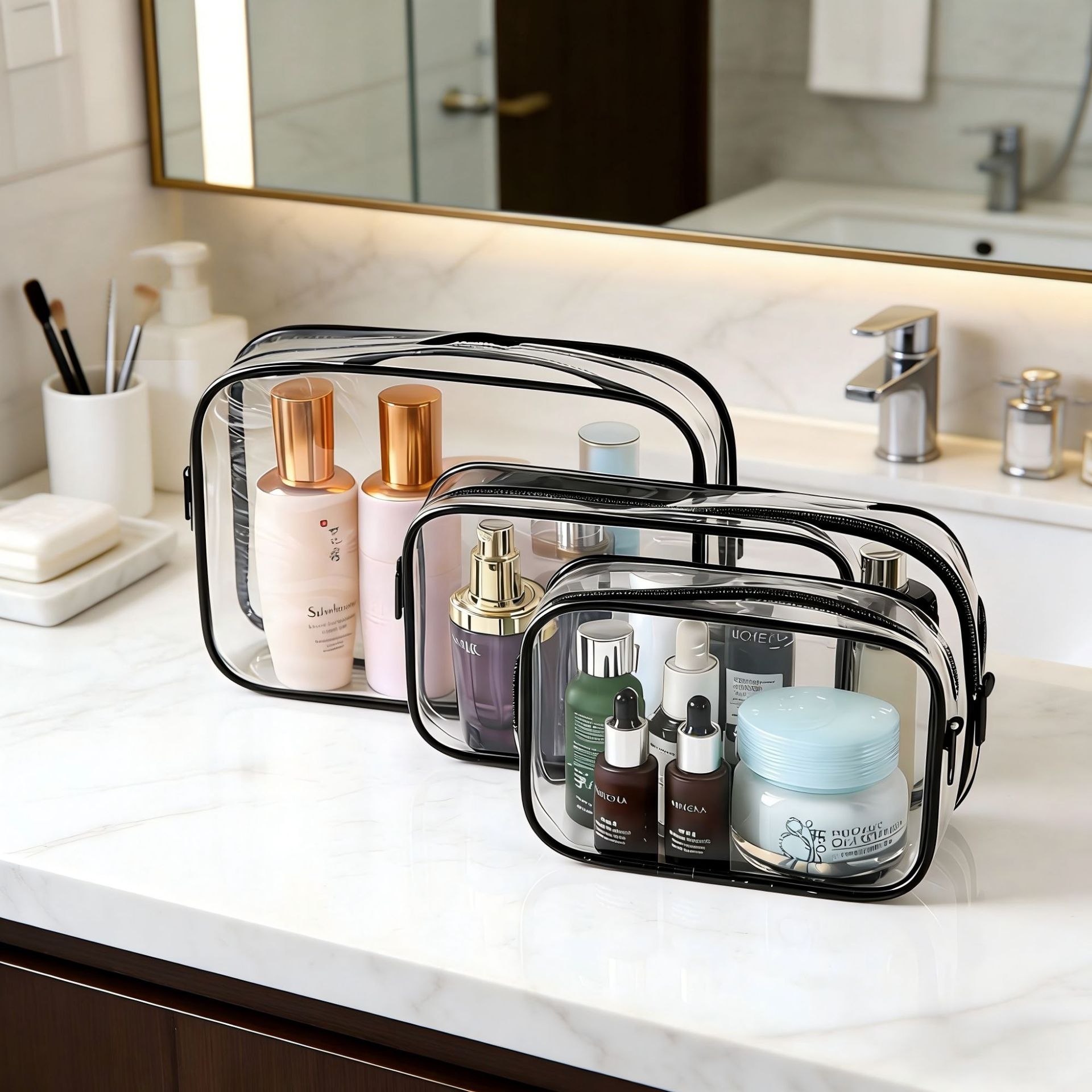 Spot PVC de gran capacidad bolsa de lavado de viaje impermeable bolsa de cosméticos bolsa de almacenamiento de tres piezas cosmética con cremallera portátil