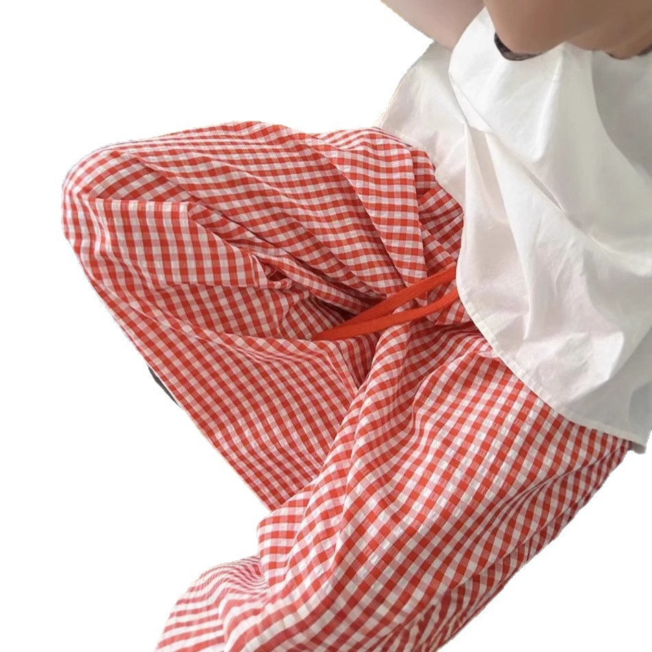 Pantalones a cuadros perezosos de dopamina de color en contraste para mujer, estilo fino de verano, cintura alta, cordón suelto, pantalones anchos de caída rosa casuales