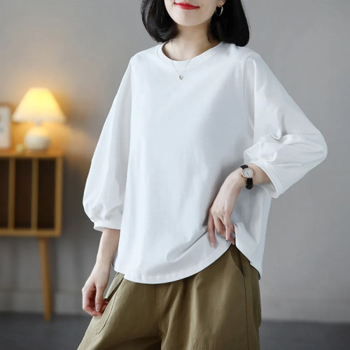 Spring and Summer New Fashionable and Versatile Retro Lantern Sleeve T-Shirt Top for Women, Stylish, Youthful, Casual, Seven-Sleeve Blouse