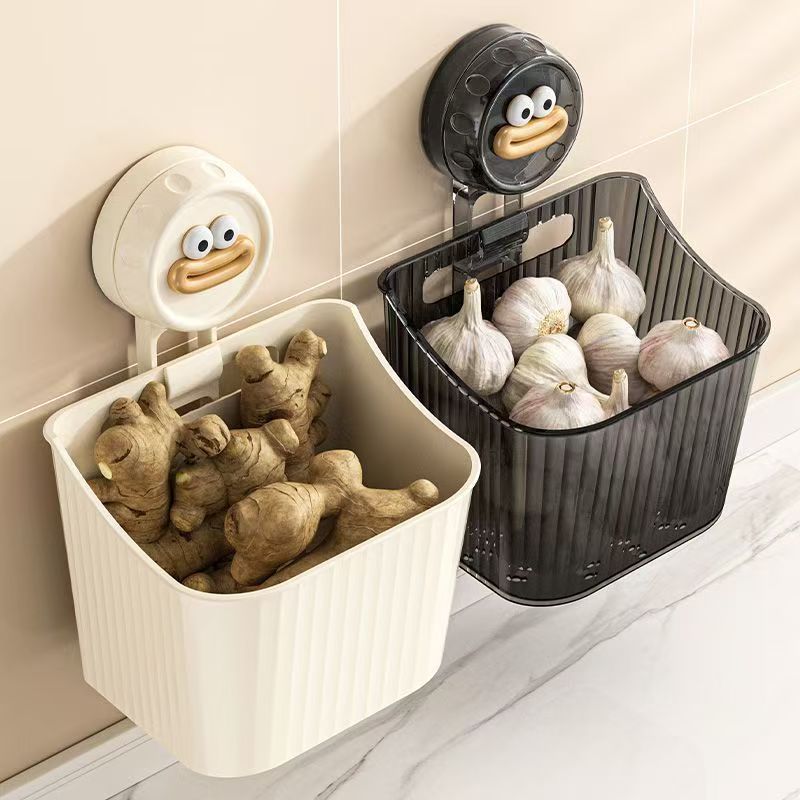 Kitchen Wall-Mounted Suction Cup Storage Rack for Onions, Ginger, and Garlic; No-Drill Hanging Basket for Ginger, Garlic, and Spoon Storage