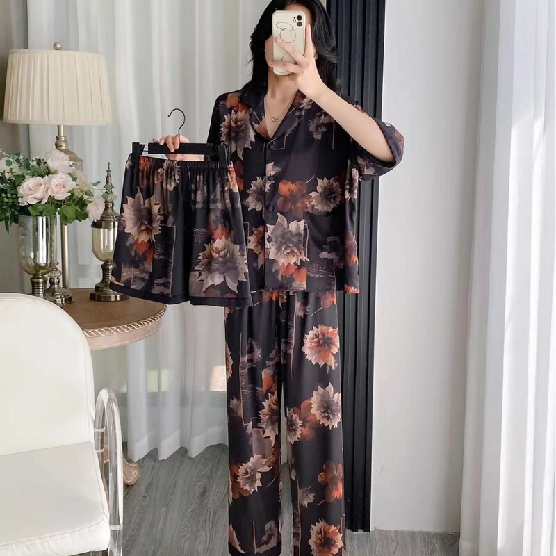 2025 New Summer Style Ice Silk Imitation Fragrant Cloud Yarn Elegant Accessible Luxury Short-Sleeved Pants Three-Piece Suit Home Wear Dropshipping 2025 New Summer Style Ice Silk Imitation Fragrant Cloud Yarn Elegant Accessible Luxury Short-Sleeved Pants Three-Piece Suit Home Wear Dropshipping