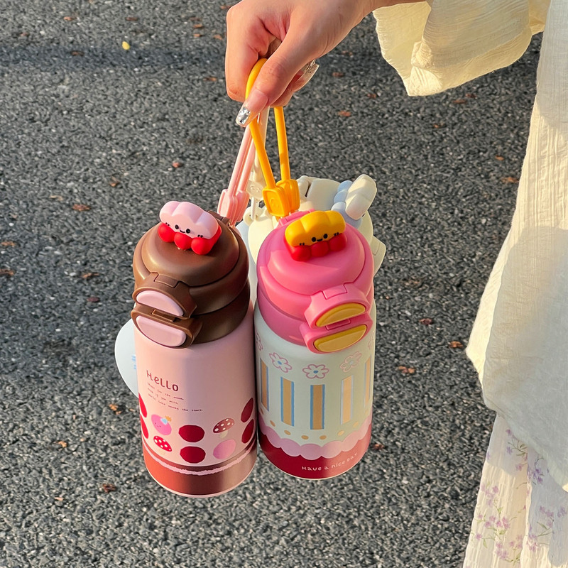 新款高颜值双饮吸管杯316不锈钢保温杯可爱公仔女生儿童水杯批发|undefined