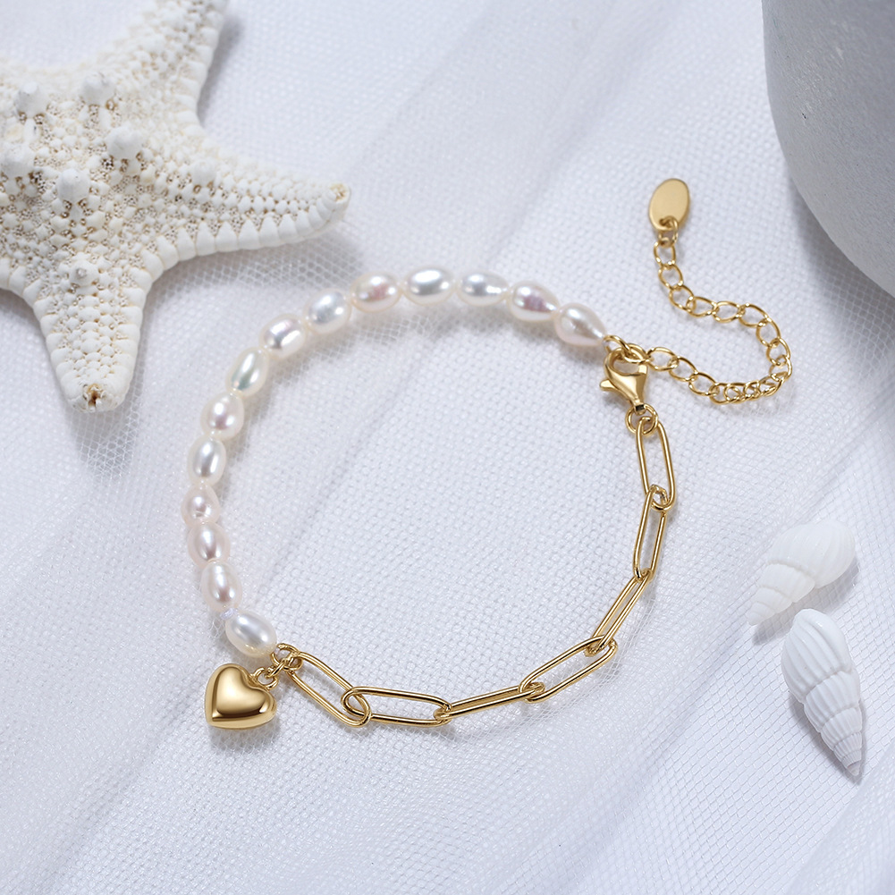 Paperclip Chain Chain Type 1 Piece Quantity Freshwater Pearl Sterling Silver White Gold Plated Rhodium Plated Beaded Plating Heart Shape Freshwater Pearl Chain Bracelets