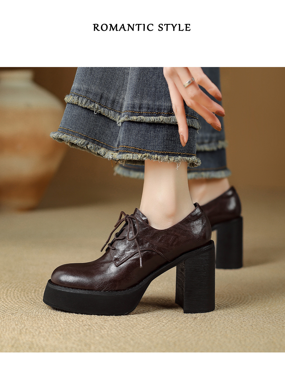 Giày cao gót nữ gót vuông 10cm phong cách Anh quốc buộc dây — màu nâu chi tiết 9