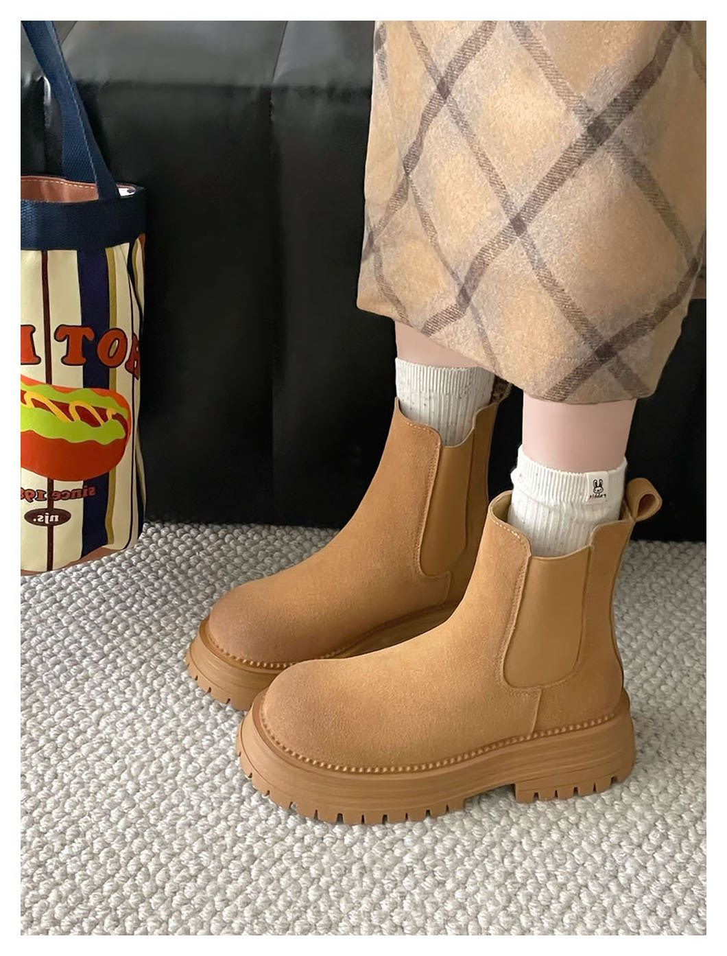 Retro all-in-one platform booties Women's new ankle boots with thick heel elastic sanded leather boots_voghion.com