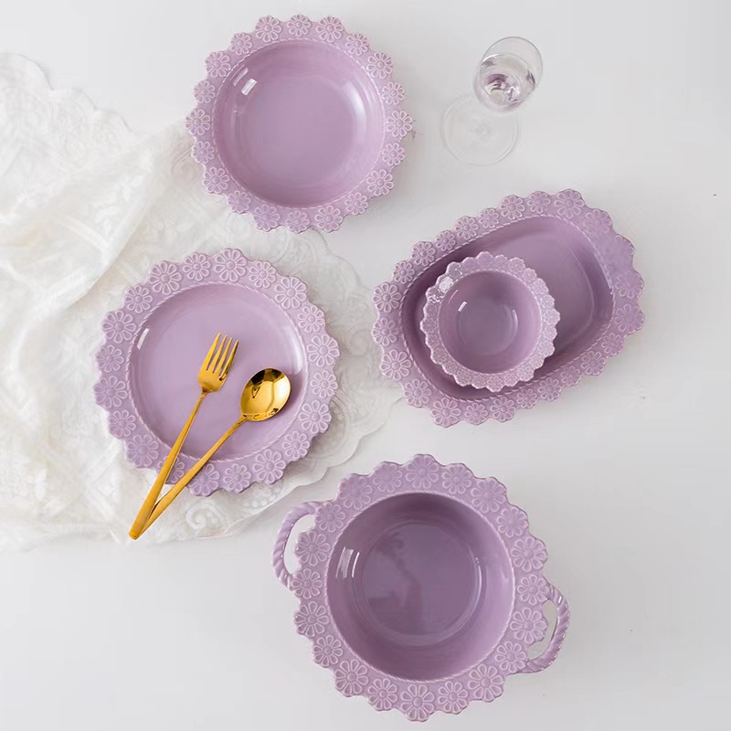 Francés retro ins en relieve cubiertos de cerámica creativos bordes de encaje plato de filete de comida occidental platos caseros platos planos