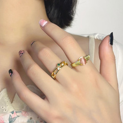 輕奢高級感精緻氣質粉色貓眼金色開口戒指女小眾設計ins風食指環